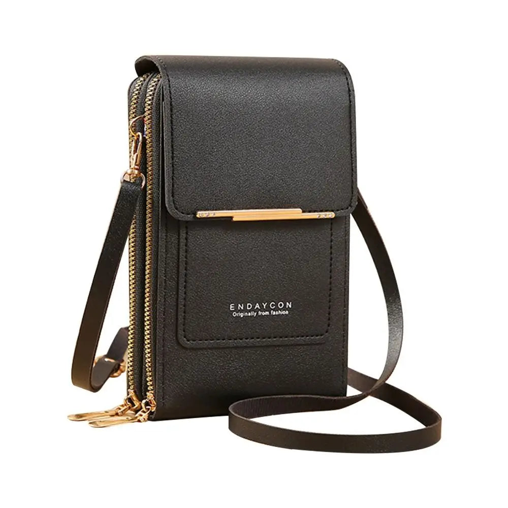Black Endayon RFID-protected touch screen crossbody bag with gold hardware