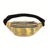 A holographic sequin waist bag with a gold-toned shimmer and a black adjustable strap.