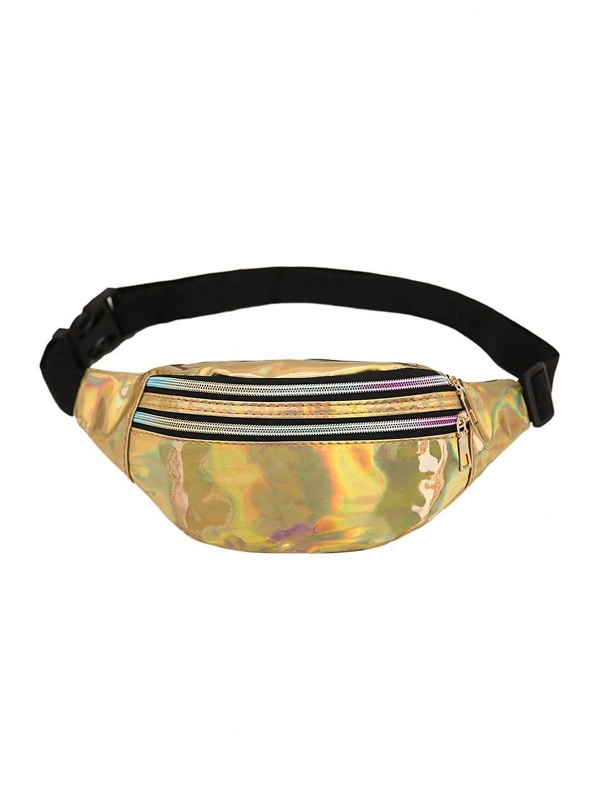 A holographic sequin waist bag with a gold-toned shimmer and a black adjustable strap.