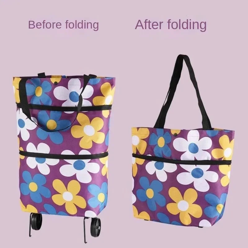 A purple and white floral shopping trolley bag shown before and after folding.