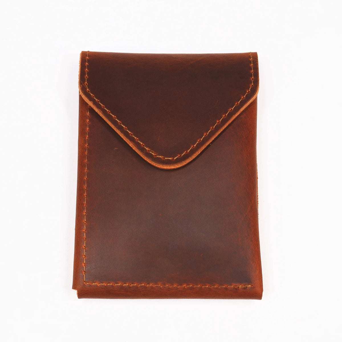 A brown genuine cowhide leather wallet folded and displayed against a white background.