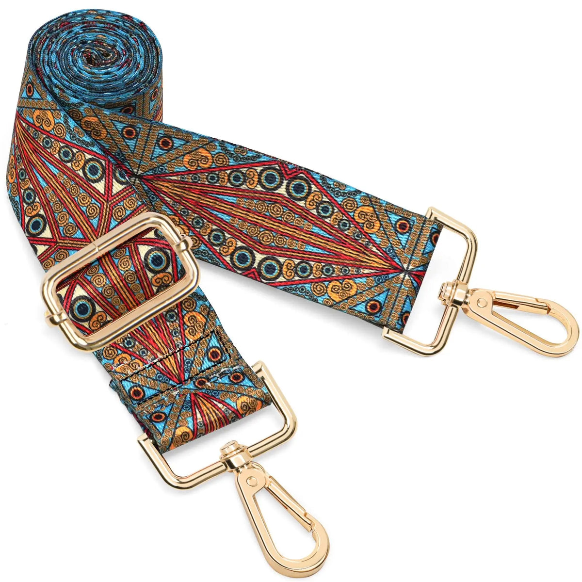 A rolled adjustable nylon crossbody bag strap featuring a colorful geometric pattern in blue, orange, and red.
