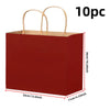Ten reusable red kraft paper gift bags with handles shown in a vertical view.