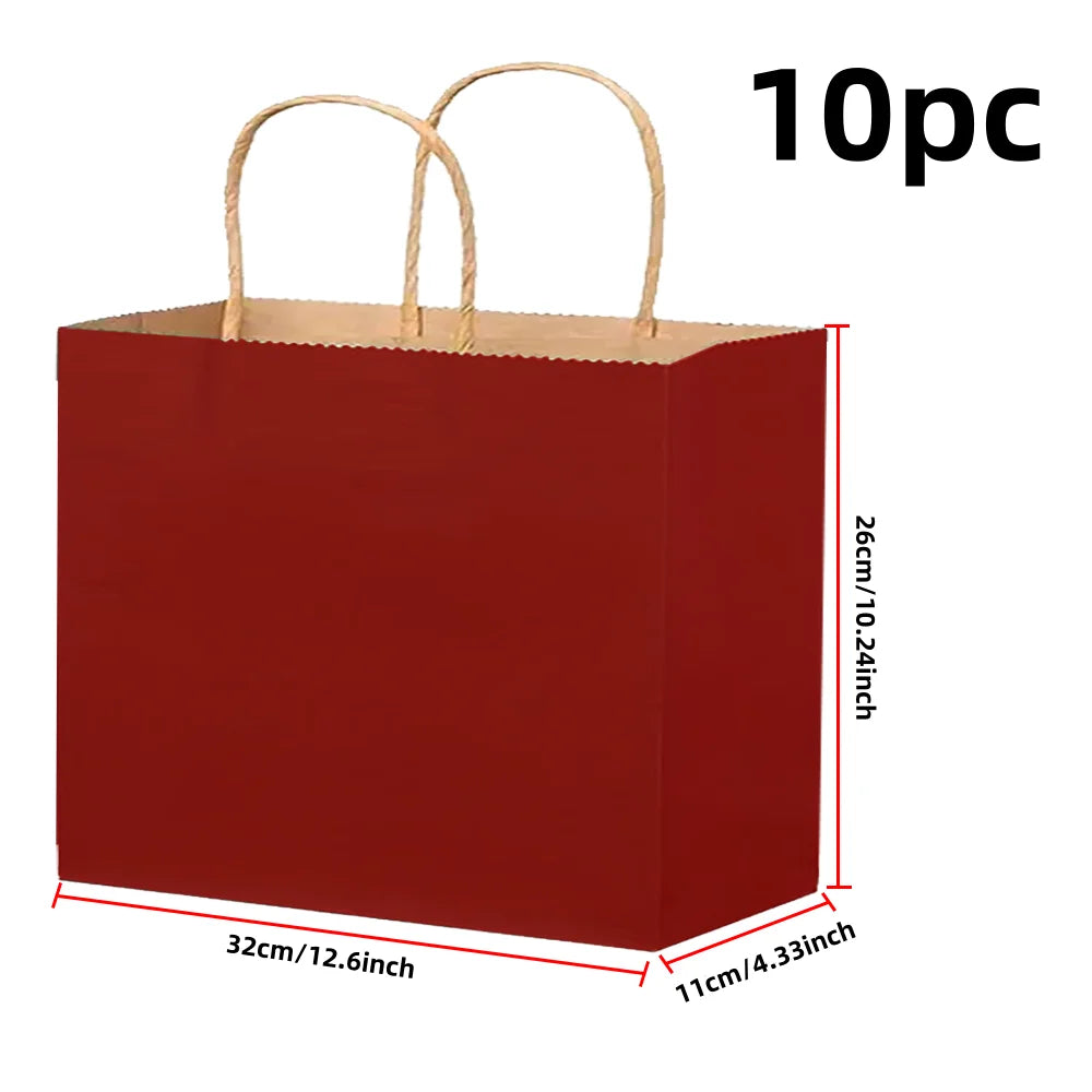 Ten reusable red kraft paper gift bags with handles shown in a vertical view.