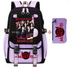 Lila und schwarzes Canvas-Schulrucksack-Set mit Hello Monsters-Grafiken für Schüler.