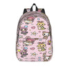 A pink and white patterned durable polyester sport backpack with a black strap.