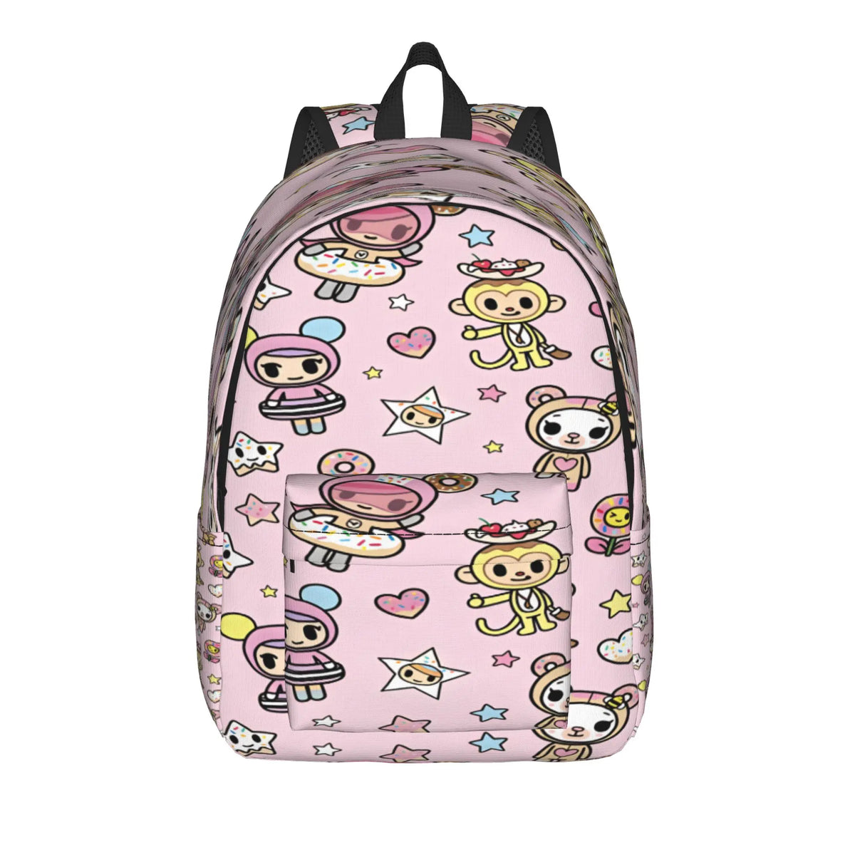 A pink and white patterned durable polyester sport backpack with a black strap.