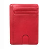 A red slim leather wallet with a card slot and fold-over design.