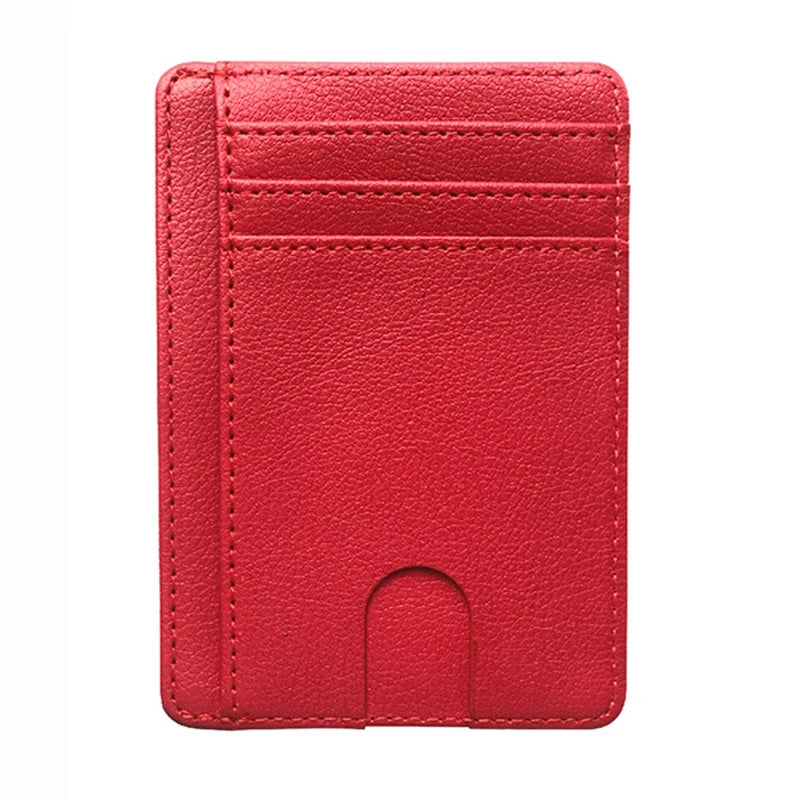 A red slim leather wallet with a card slot and fold-over design.