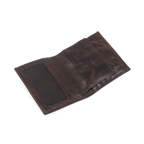 A dark brown genuine leather bifold wallet for men shown from above.