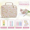 Pink quilted floral bible cover with a zipper and pen holder alongside various stationery items