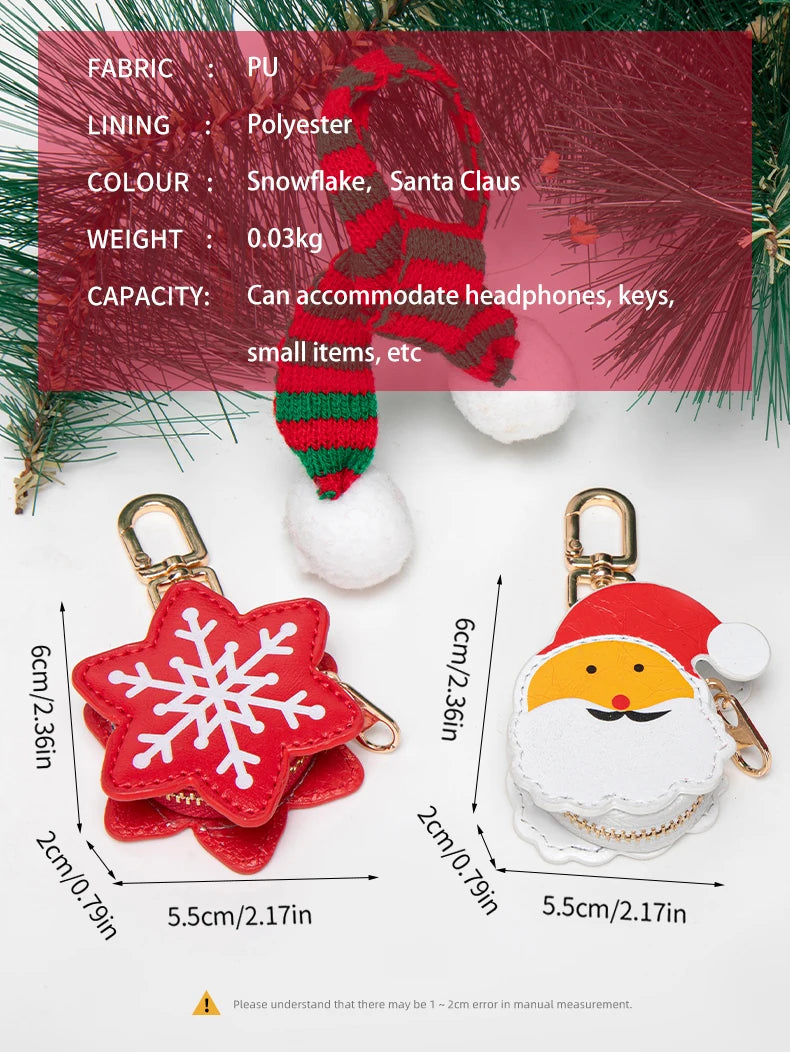 A red and green knitted Christmas ornament keychain featuring a snowflake design on a white background.