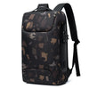 A black anti-theft waterproof laptop backpack with a camouflage pattern and a shoulder strap.
