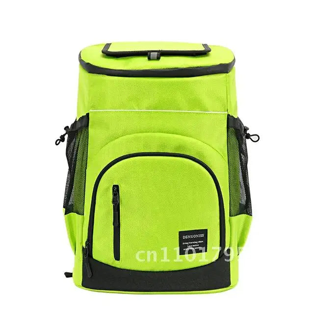 A bright lime green insulated travel cooler backpack with black accents.