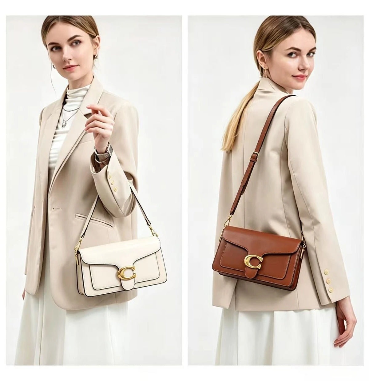 A woman models a beige blazer and white skirt while carrying a brown leather shoulder bag.
