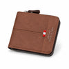 A brown leather men's wallet with a zipper closure and red and white stitching detail.