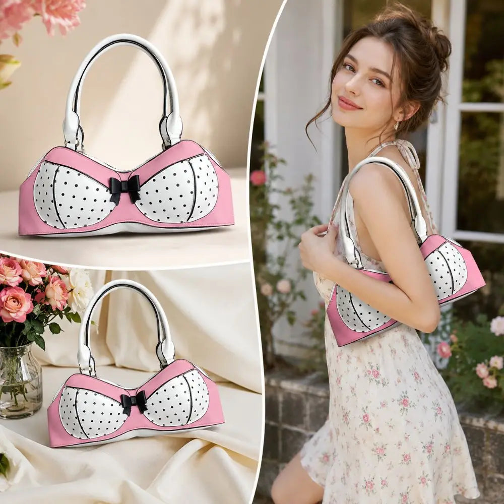 A woman models a pink and white polka dot bow shoulder bag with a playful bra silhouette.