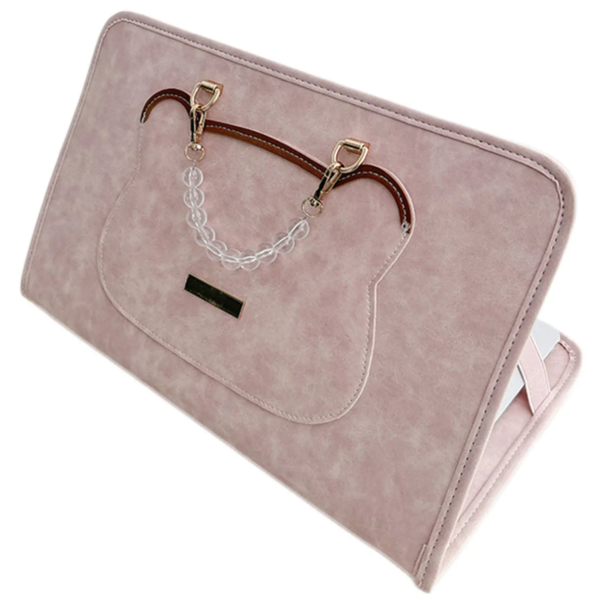 A light pink slim PU laptop protective case with a leather strap and white chain detail.