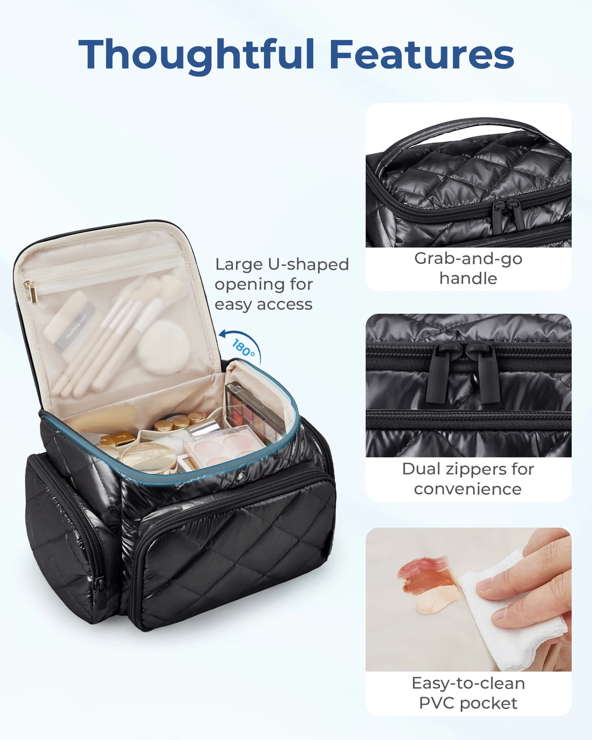 Black quilted multi-compartment travel organizer bag showing features like a grab-and-go handle and easy-to-clean PVC pocket.