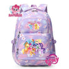 A purple and pink My Little Pony themed school backpack with a floral pattern.