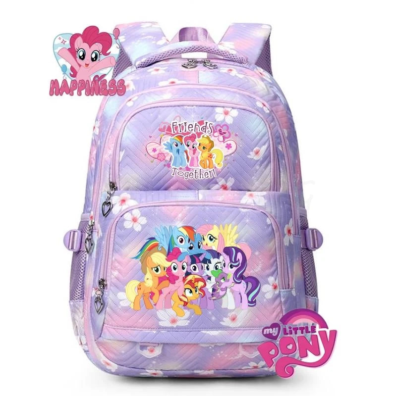 A purple and pink My Little Pony themed school backpack with a floral pattern.