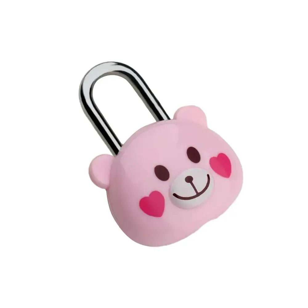 Pink cartoon bear combination padlock with a silver shackle.