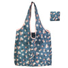 A reusable nylon tote bag with a blue and pink floral pattern shown in a vertical orientation.