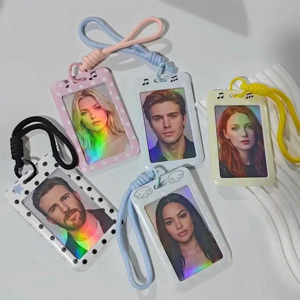 A collection of pink and white card holders with lanyards featuring portraits on a white background.