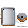 A silver laptop sleeve with orange lining showing a close-up of the bubble and faux fur protection.