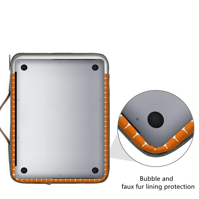 A silver laptop sleeve with orange lining showing a close-up of the bubble and faux fur protection.