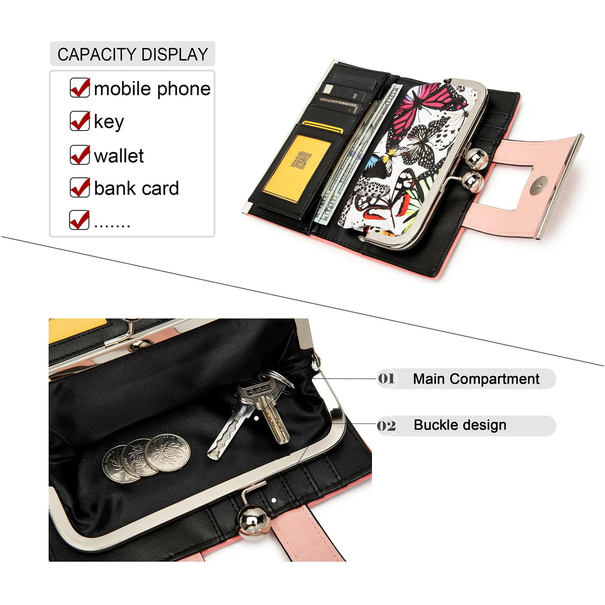 Cartera de mujer con estampado floral de mariposa, mostrando varios compartimentos y un bolsillo principal.