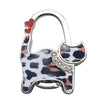 Silver cat-shaped handbag hooks with a leopard print design