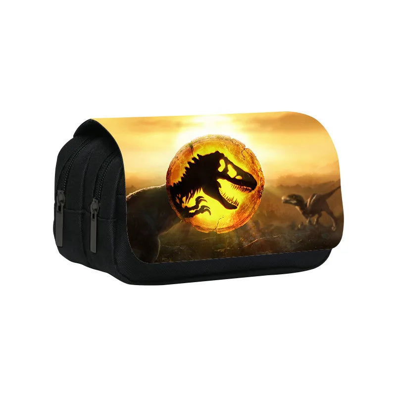 A black pencil case featuring a graphic of a dinosaur silhouette against a sunset background.