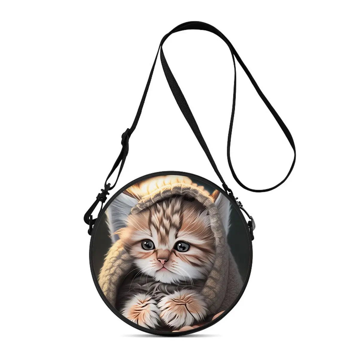 A round black crossbody bag featuring a cartoon kitten with tabby stripes and yellow accents.