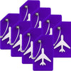 A set of purple silicone luggage tags featuring white airplane silhouettes and silver clasps.