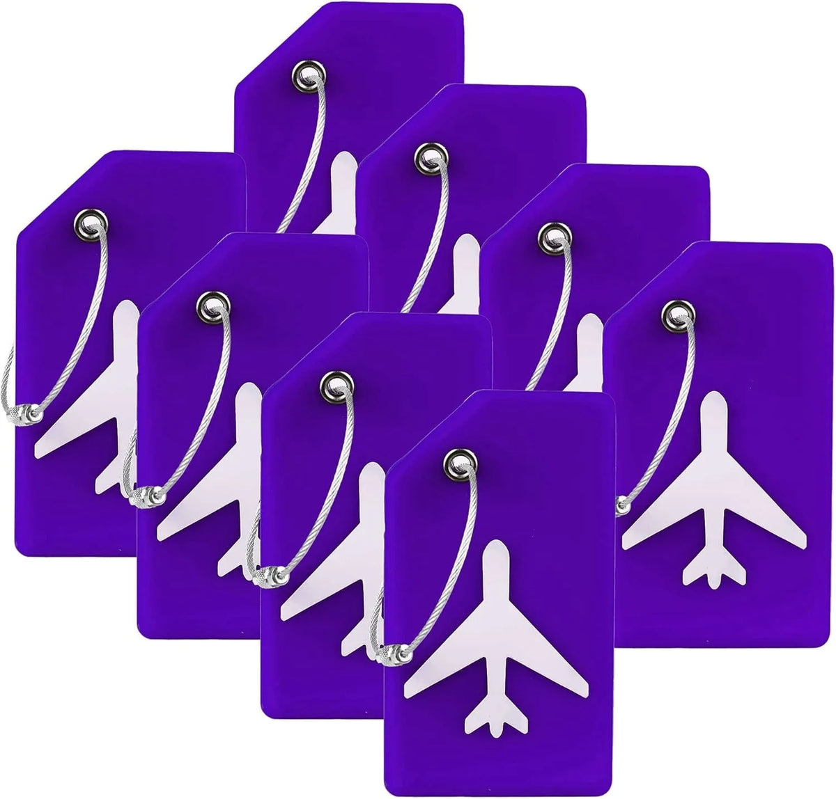 A set of purple silicone luggage tags featuring white airplane silhouettes and silver clasps.