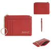 A red leather card holder wallet with a zipper and gold chain, shown in multiple views.
