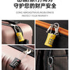Customizable combination locks are shown attached to various luggage and cabinet zippers in pink, black, and brown bags.