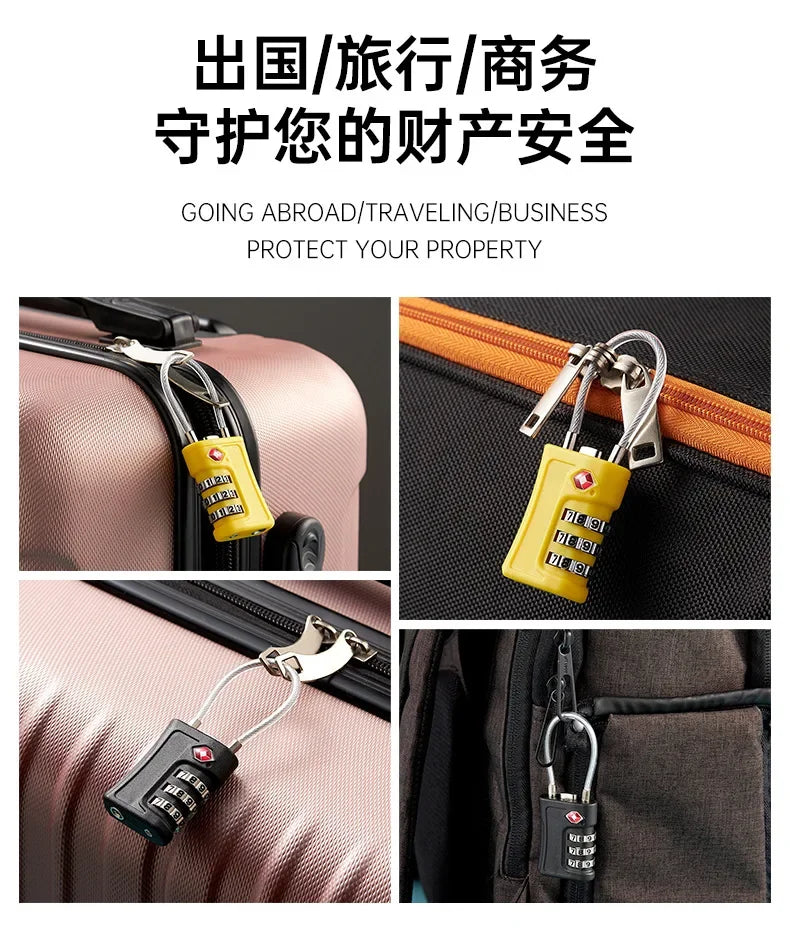 Customizable combination locks are shown attached to various luggage and cabinet zippers in pink, black, and brown bags.