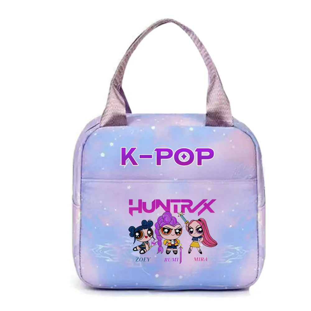 A purple insulated backpack featuring a K-Pop theme with the text HUNTRX and character illustrations.