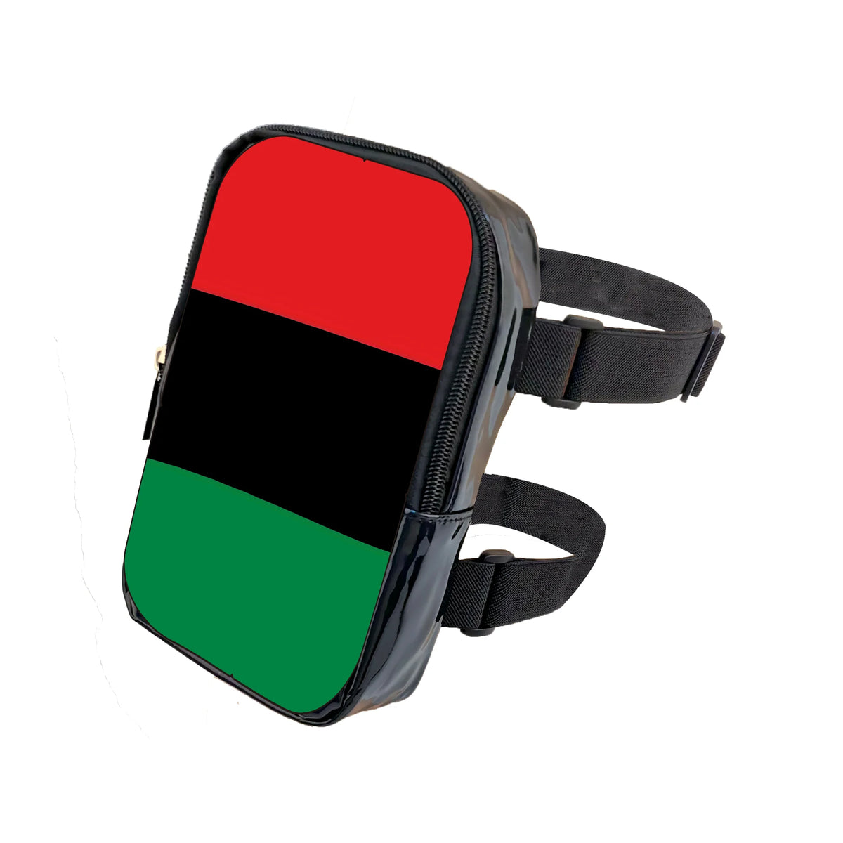 Black, red, and green vertical striped pouch with black adjustable strap for festival wear