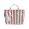 A pink and green striped waterproof PVC shoulder tote bag with a handle.