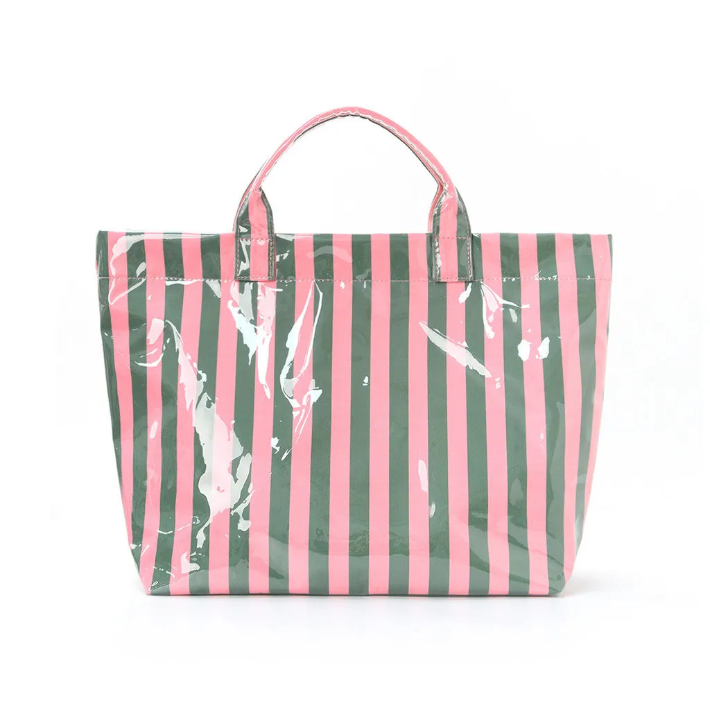 A pink and green striped waterproof PVC shoulder tote bag with a handle.