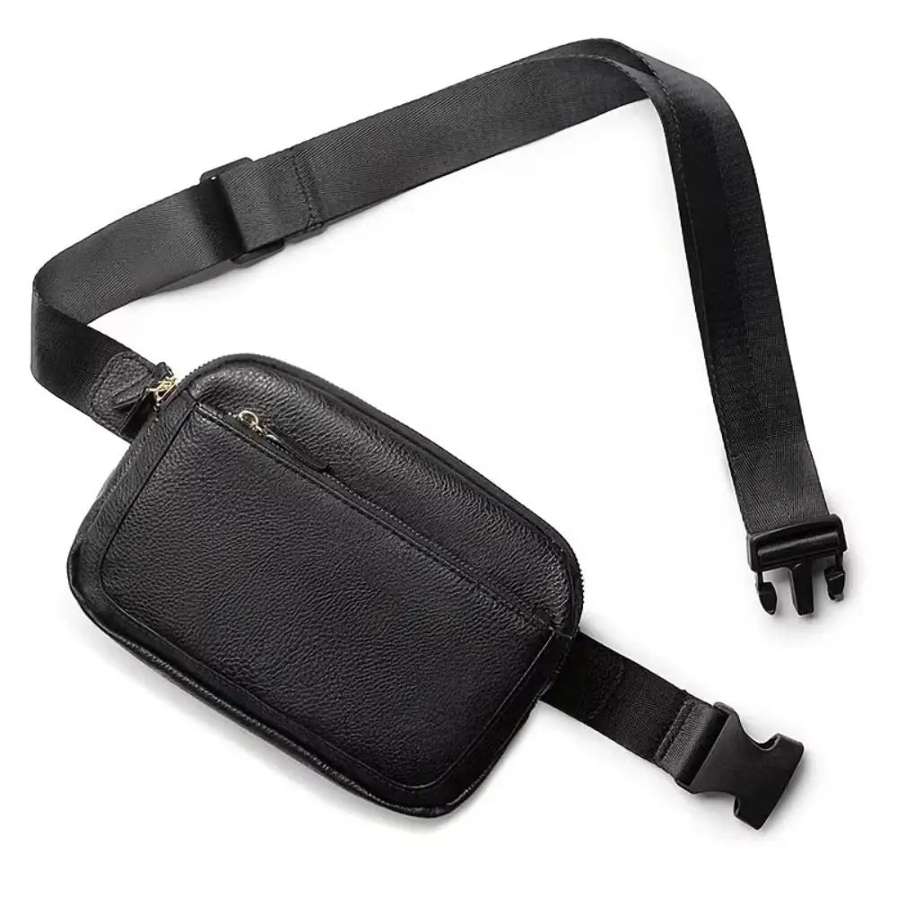 Black PU leather crossbody waist bag with a strap shown from above.