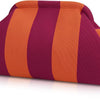 A striped knit clutch bag featuring alternating shades of orange and maroon.