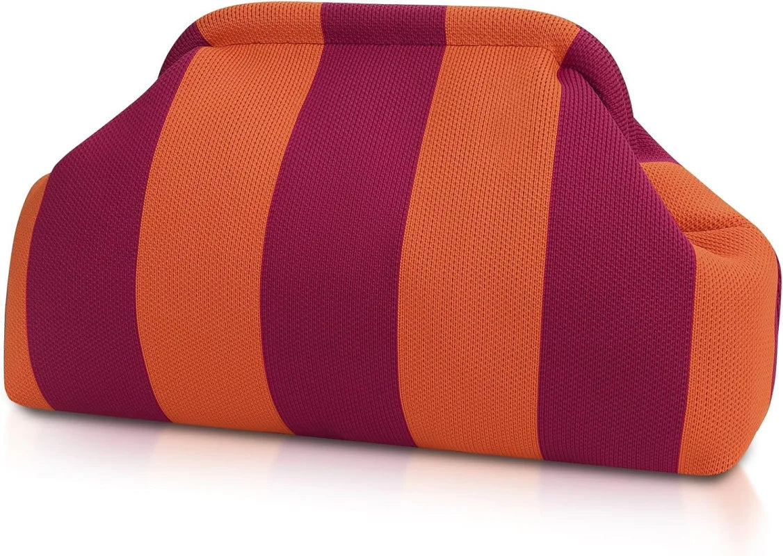 A striped knit clutch bag featuring alternating shades of orange and maroon.