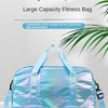 A light blue iridescent fitness bag with a handle and straps, designed for commuting and sports.