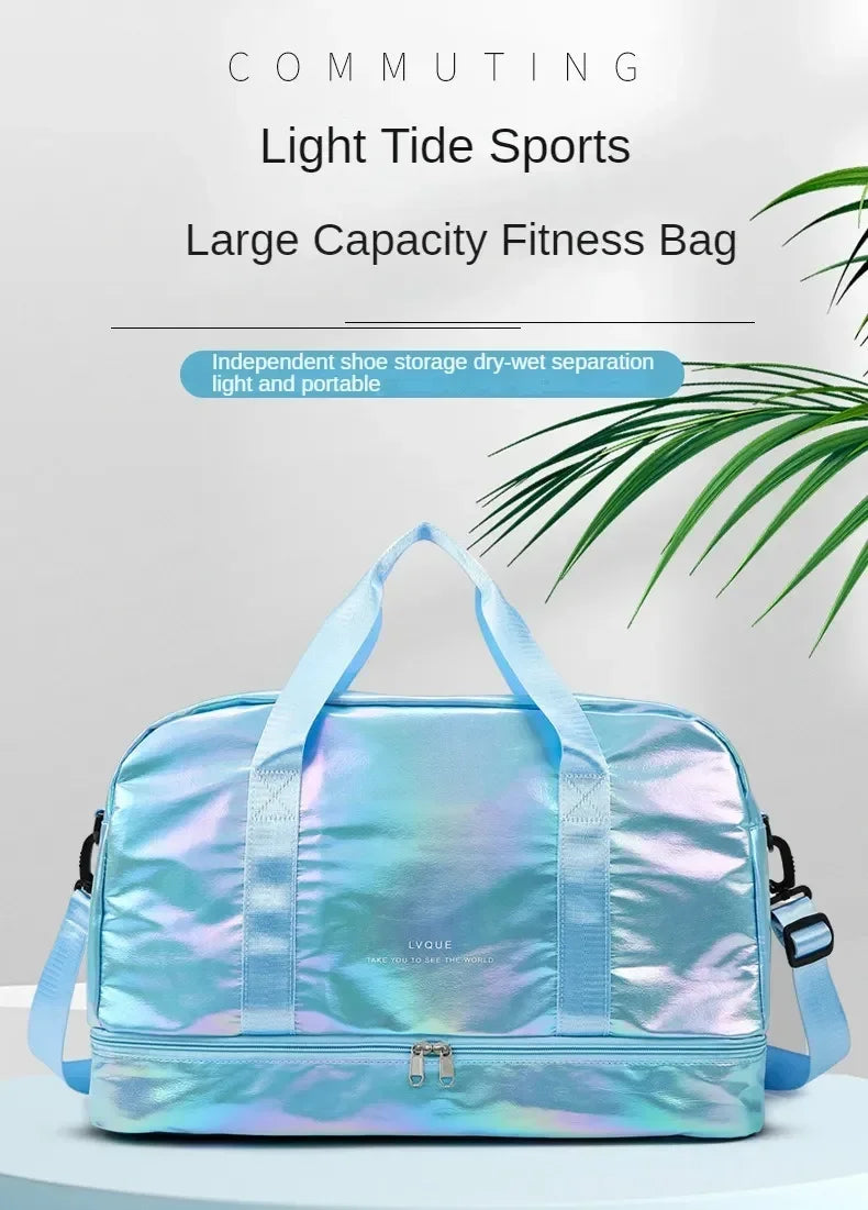 A light blue iridescent fitness bag with a handle and straps, designed for commuting and sports.