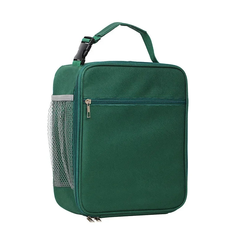 Dunkelgrüne isolierte Oxford-Leinentasche mit Netztasche und schwarzem Riemen.