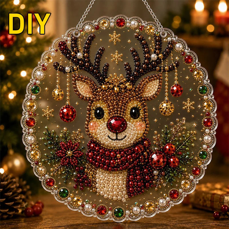 DIY pearl diamond painting reindeer suncatcher kit with a lace edge featuring sparkling deer and festive greenery